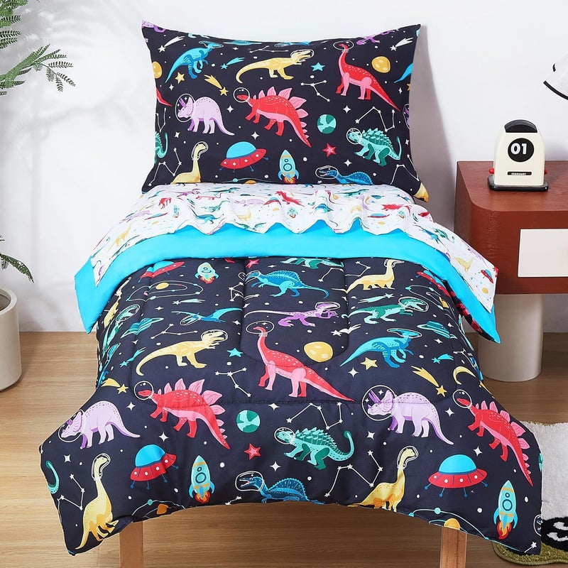 lasoftan Toddler Bedding Set, Toddler Bed Comforter Sets for Girls, Toddler Bed Set, Space Dinosaur Printed - Image 1